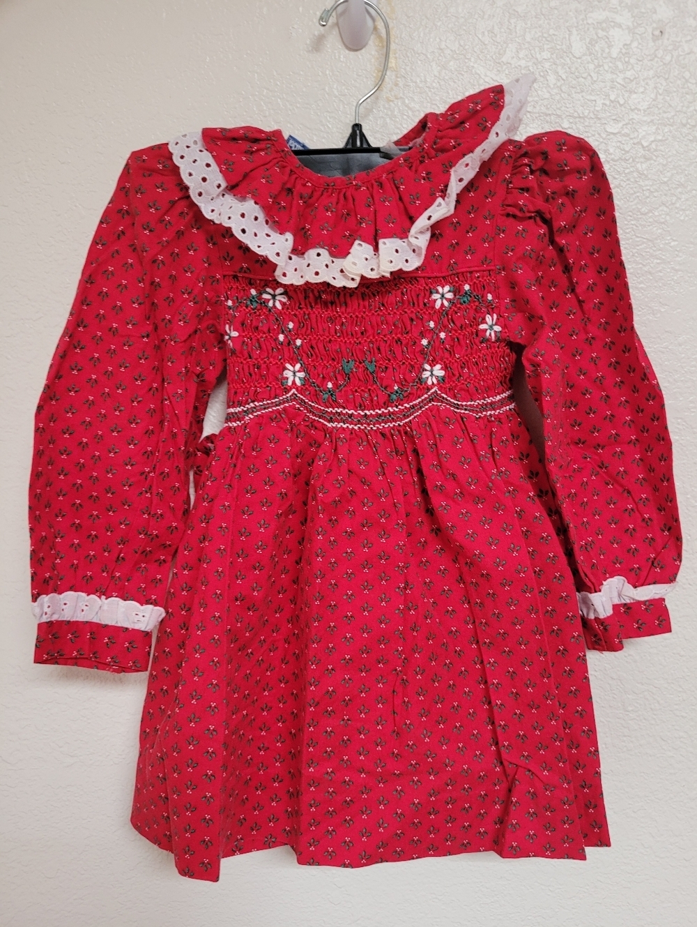 Vintage Polly Flinders Red Floral Smocked Long-Sleeve Dress with Eyelet Ruffle